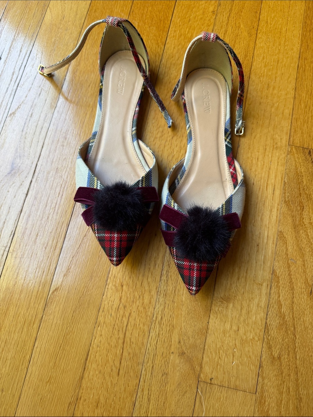 J. Crew Red and Black Plaid Pointed Slingback Flats with Pom Detail - Picture 1 of 4